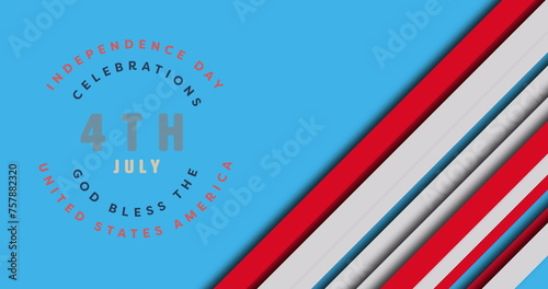 Image of 4th july independence day text over white and red stripes on blue background