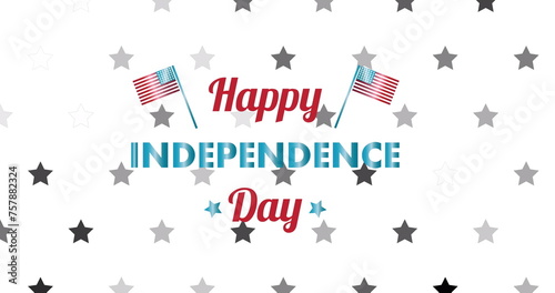 Image of happy independence day text over stars on white background