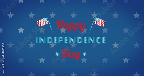 Image of happy independence day text over stars on blue background