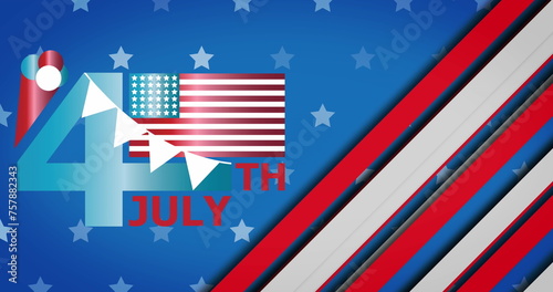 Image of 4th july text over stars and stripes on blue background