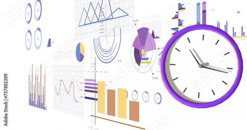 Image of clock moving and data processing on white background