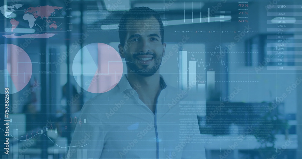 Image of financial data processing over caucasian businessman in office