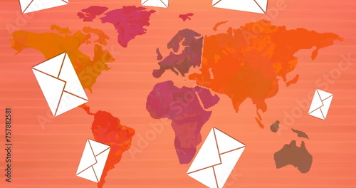 Image of mail envelope icons flying over world map