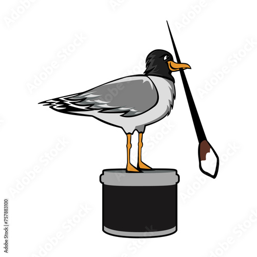 Vector seagull with a brush and a jar on a clean transparent background, with a black head.