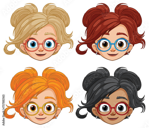 Four illustrated women with glasses and different hairstyles.