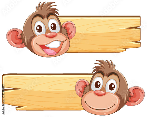 Two cartoon monkeys peeking behind wooden planks.