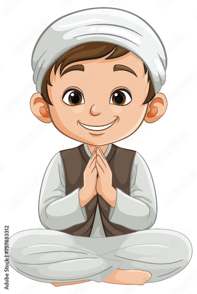 Cartoon of a happy boy sitting cross-legged, hands together Cartoon of a happy boy sitting cross-legged, hands together