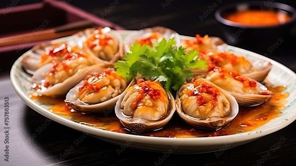Steamed Abalone with Garlic decoration Mushroom Chinese New year menu Style sideview.


