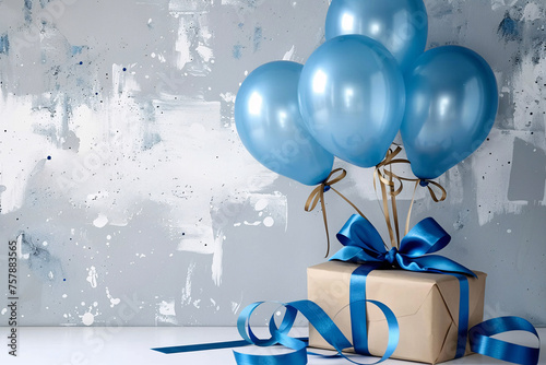 Happy birthday for you with gift boxes and balloons, birthday party balloons, balloons and confetti card background mockup, blue gift box with ribbon 