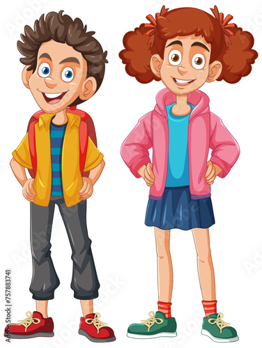 Two cheerful animated children smiling confidently