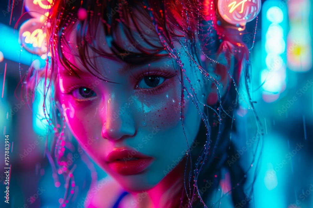 Serene Female Portrait with Vibrant Neon Lights and Raindrops, Mysterious Urban Night Aesthetic Serene Female Portrait with Vibrant Neon Lights and Raindrops, Mysterious Urban Night Aesthetic