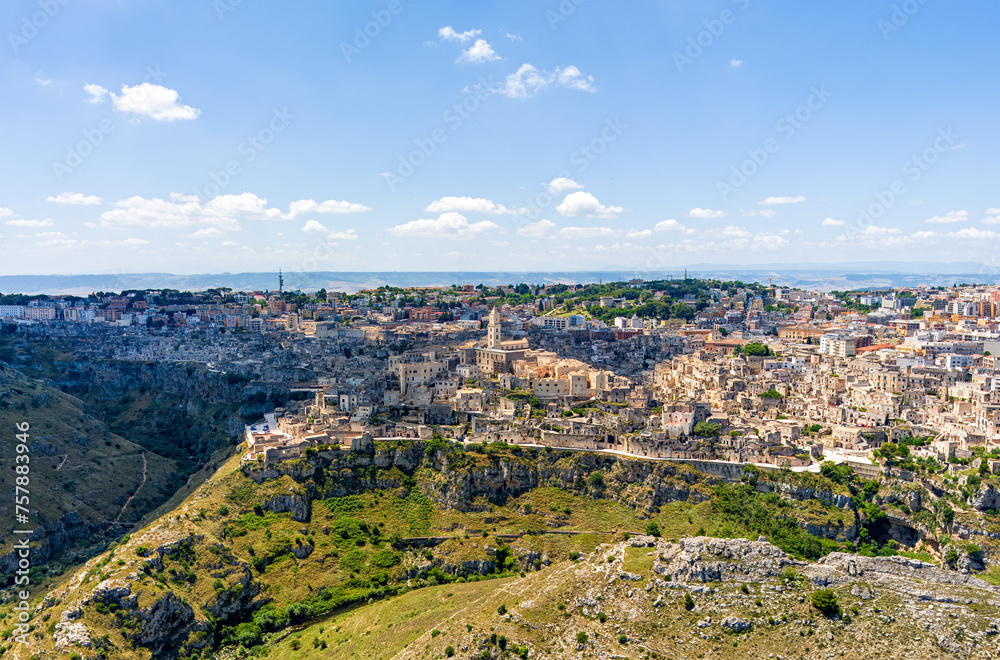 Matera, Italy. City in the Italian region of Basilicata, the administrative center of the province of Matera. The old part of the city is carved out of the rock and is a UNESCO. Aerial view