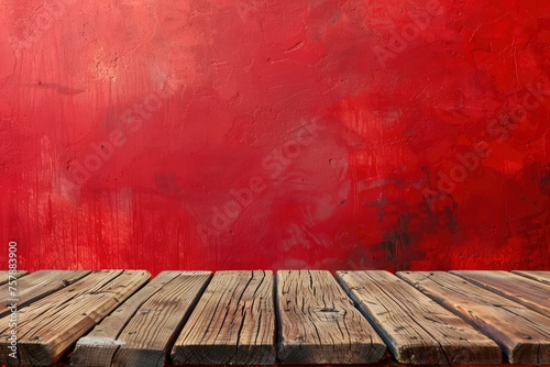 Wooden deck table on red grunge background - generative ai