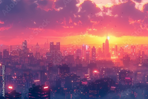 Vibrant Sunset Skyline View Over Futuristic Metropolitan City with Skyscrapers and Glowing Urban Lights