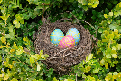 Nest with chocolate eggs in a garden for Easter