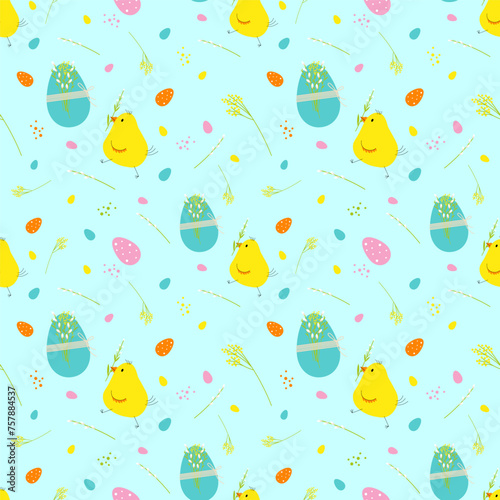 Seamless vector pattern with cute chick, decorated eggs and sprigs of flowers. Print for children textile, pack, fabric, wallpaper, wrapping.