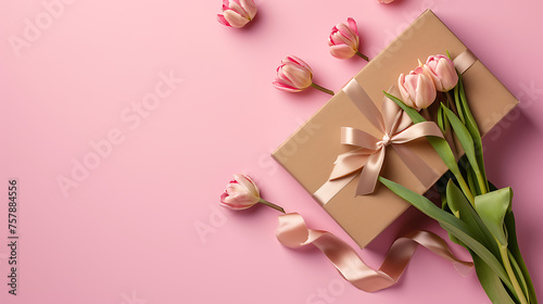 A romantic Mother's Day concept featuring a top-view photo of a gift box with a ribbon and a bouquet of tulips on a pink background © mohammed