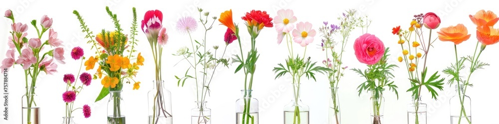 Glass Vases with Beautiful Flowers - A Bright and Beautiful Collage of Blossom Bouquets on a White Background - Perfect for Banners and Collections