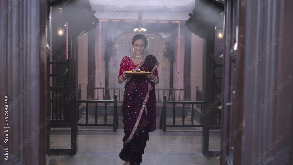 Sacred Beginnings: A Joyful Marathi Woman with a Puja Plate for Morning Tulsi Worship