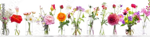 Glass Vases Collage: Beautiful Bouquets of Bright Blossoms in a Collection of Glass Vases on a White Background. Perfect for a Birthday Banner