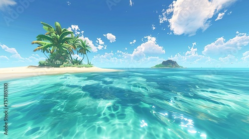 A Tropical Paradise A Serene Ocean Scene with a Palm Tree Island Generative AI