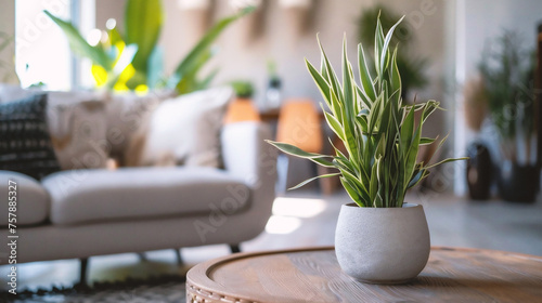 Flower pot on wooden table in modern living room. Blurred background