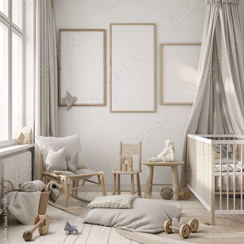 A Clean and Modern Nursery with Wooden Furniture and White Curtains Generative AI