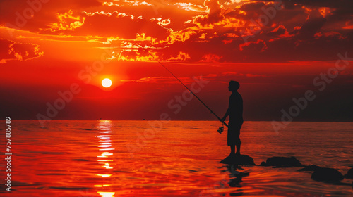 Silhouette of a boy fishing with a rod on the sea at sunset