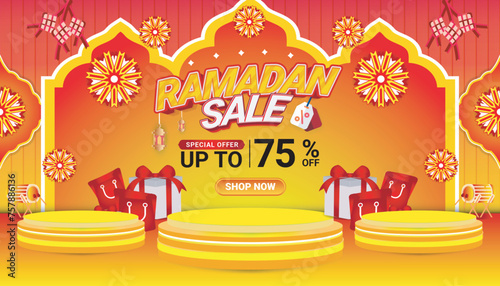Banner Ramadan mubarak sale orange 3d text editable social media background 7