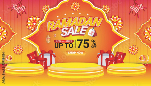 Banner Ramadan mubarak sale orange 3d text editable social media background 6