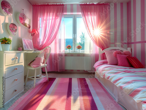 Children's room in shades of pink, bright and light. With striped wallpaper creating a cozy atmosphere,