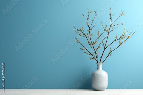 white vase with spring branches on blue wall background with copy space