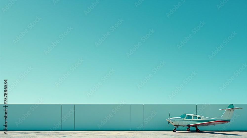 A small white plane is parked on the tarmac in front of a wall. The sky is clear and blue, and the plane is the only object in the scene