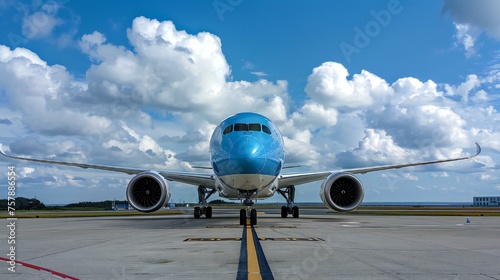 A large blue and white airplane is parked on the runway. The sky is cloudy, and the plane is the only object visible in the image photo