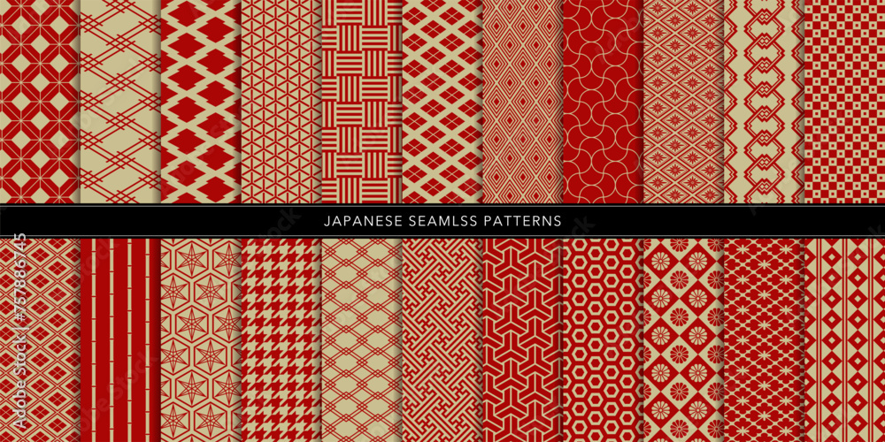 編集可能な日本の伝統的な装飾和柄22点セット - obrazy, fototapety, plakaty 