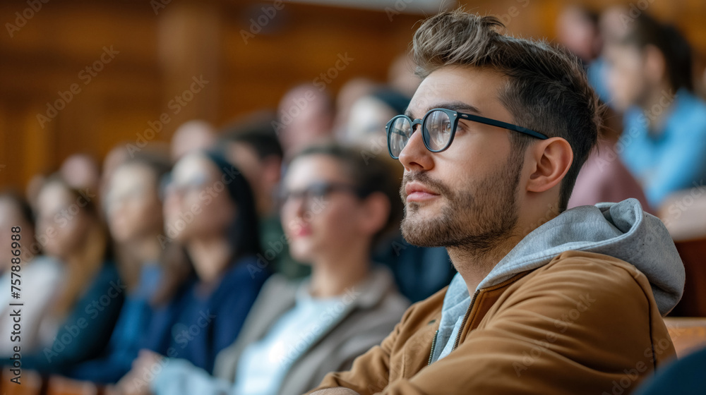 Focused man in glasses at a seminar. Focused man in glasses at a seminar.