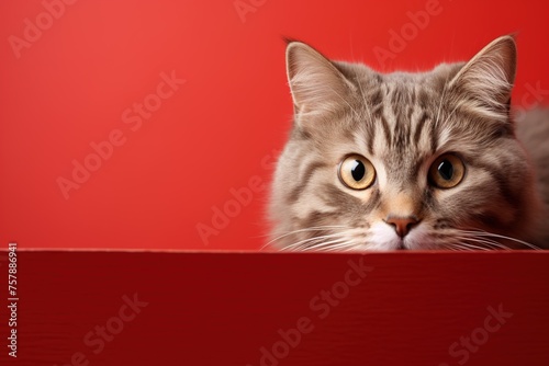 cute young fluffy tabby cat peeking out against a red background