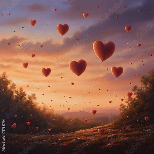A surreal landscape of floating hearts in a twilight sky, creating a whimsical and enchanting atmosphere. 