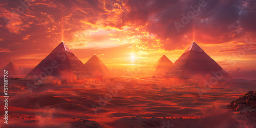 Egyptian desert with ancient pyramids sandy landscape fantasy view monuments historical Concept nature dark yellow orange  photo