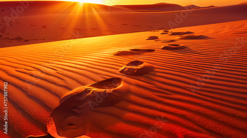 Footsteps in the sand of the desert at sunset