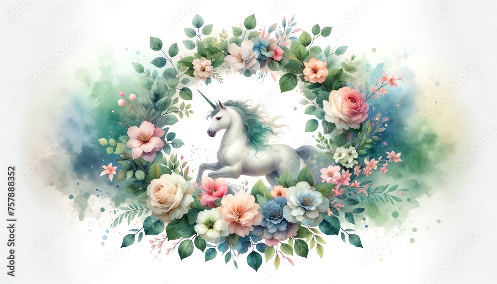 Watercolor painting of a Unicorn and Flowers