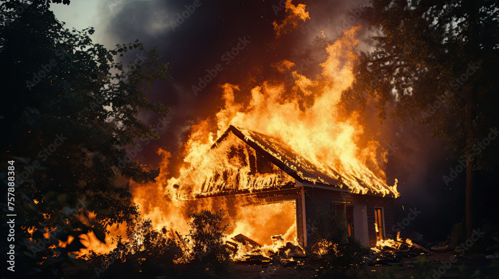 Outdoor shot of a House or fire and Burning down Outdoor shot of a House or fire and Burning down