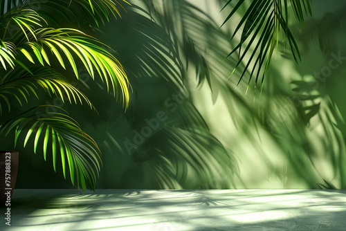 3D rendered green backdrop with illuminated palm leaf shadow 