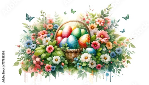 Watercolor painting of Easter Eggs in a basket