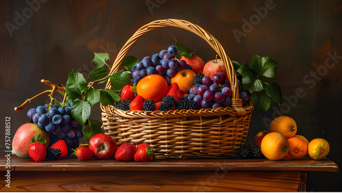 Basket and fresh fruits on wooden table