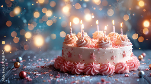 Birthday cake with white icing and lit candles, close-up. Festive background, birthday card layout, copy space.