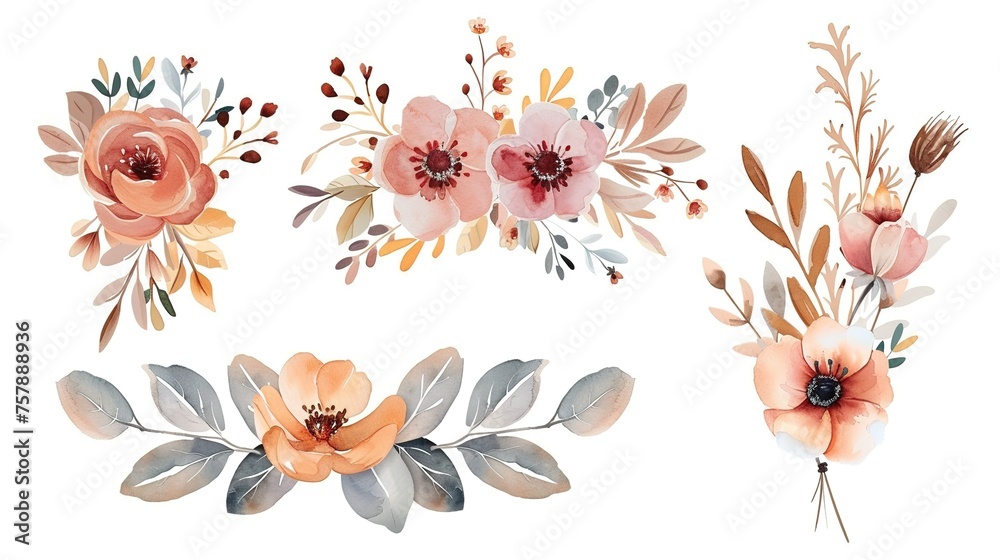 Hand drawn watercolor bouquet on white background beautiful gentle flowers in the composition,generative ai, 
