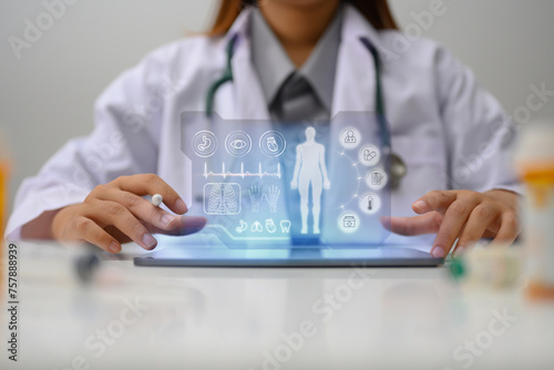 Doctor with virtual electronic medical record of patient. Medical technology and futuristic concept