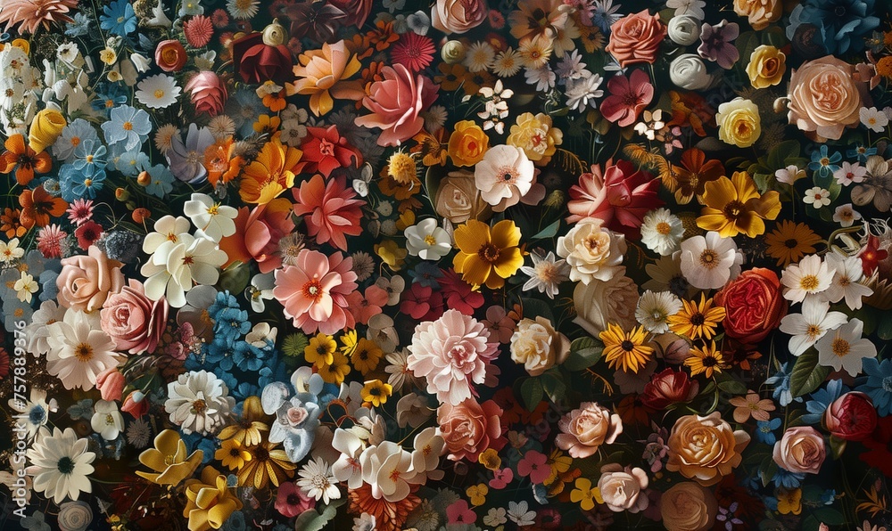 A colorful rococo style wall made of flowers background. Artistic floral painting wallpaper design. Rich color palette.