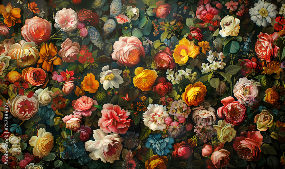 A colorful rococo style wall made of flowers background. Artistic floral painting wallpaper design. Rich color palette.